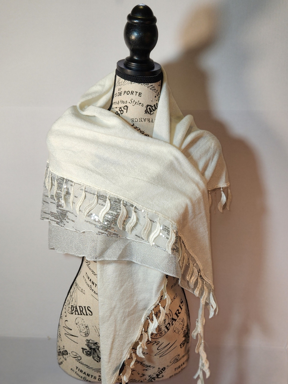 Cream Fringe Wrap Scarf with Silver Accent Trim
